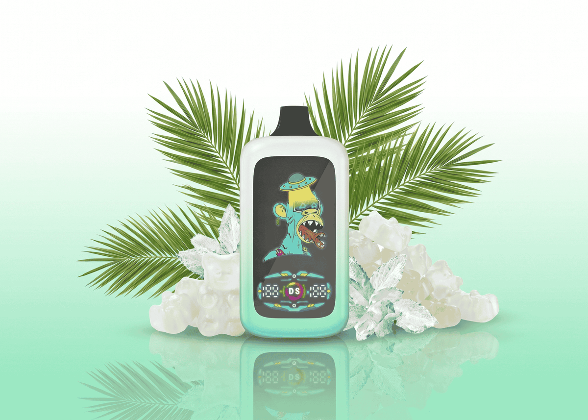 digital money vape with white gummy bears and ice cubes tropical setting